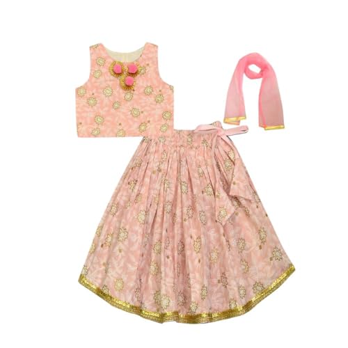 Image of A.T.U.N. (ALL THINGS UBER NICE) Girls Cotton Ethnic Floral Lehenga Choli Set with Lace & Dupatta | Traditional 3-Piece Festive Outfit for Kids
