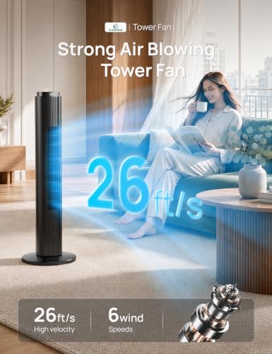 Image of ZAFRO Tower Fan for Bedroom, 37'' Bladeless Fans with 4 Modes 6 Speeds, 26 ft /s Velocity, 28dB Quiet for Sleep, LED Touchpad & 12H Timer, 90 Oscillating Floor Fans that Blow Air, Black