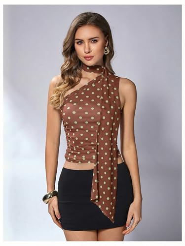 Image of RoseSeek Women's Y2K Leopard Polka Dots Halter Asymmetrical Neck Crop Tops | One Shoulder, Slim Fit, Sleeveless, Cheetah Print, Summer Tops, Scarf Tops, Party, Going Out Tops