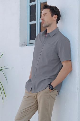 Glacspyg Leinenhemd Herren Kurzarm Leinenhemd Arbeit Freizeithemd Fit Business Casual Urlaub Sommer Strand Hemd Grau 3XL 6