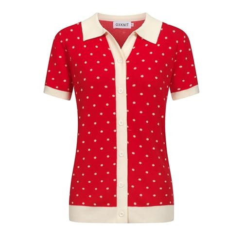 Women's Knit Polo Shirts Short Sleeve, 1960s Mod Style Retro Beige Dots Casual Tops Cardigan with Button, Red