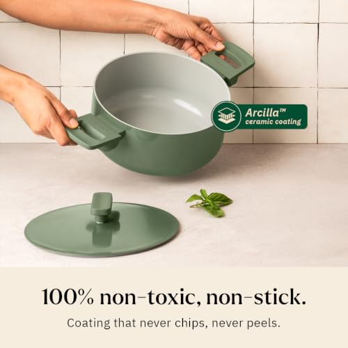 Image of Ember Cookware Arcilla Ceramic Dutch Oven 20 cm, 2.6L with Metallic Lid | 75% Less Oil Usage | Lightweight, Non Toxic Pot | ISI Certified | Ceramic Cookware | Biryani Pot | PFAS & PTFE Free | Green
