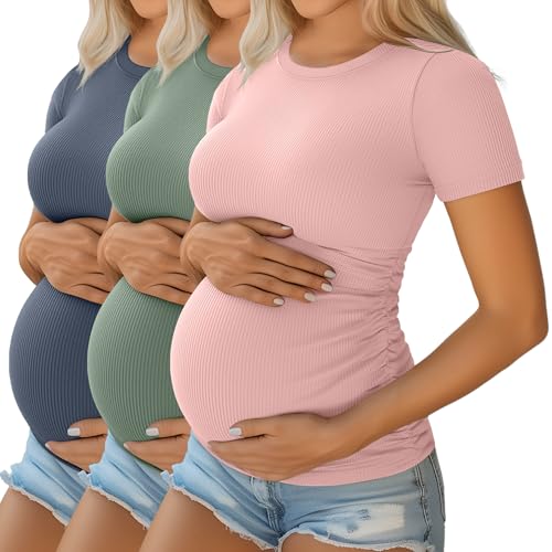 Ficerd 3 Pack Women's Maternity Shirts Cotton Short Sleeve Pregnancy Tops Side Ruched Ribbed Casual Mama tees Clothes(Light Green, Light Pink, Haze Blue,Small)