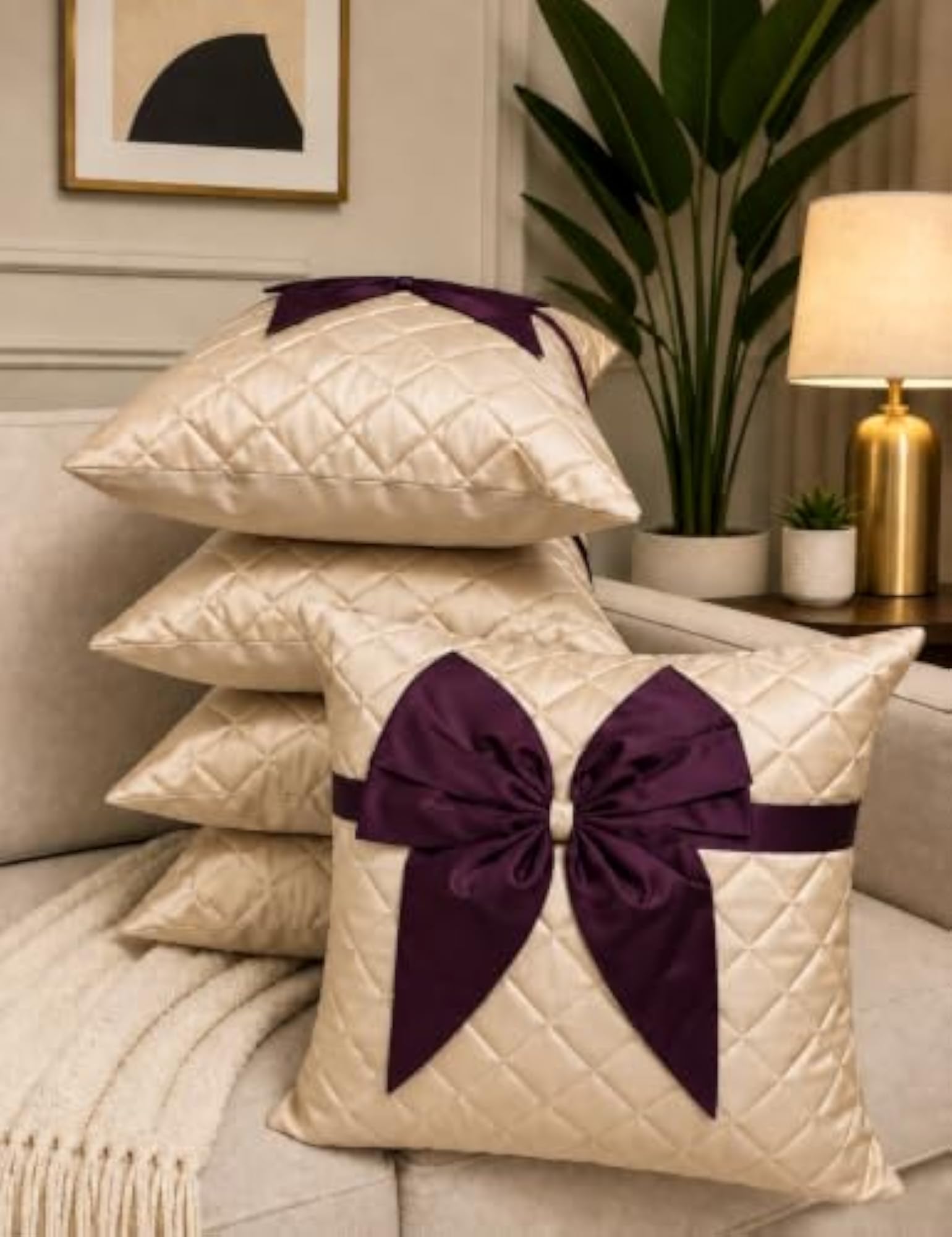 Satin Cushion Covers Set of 5, Quilted Square