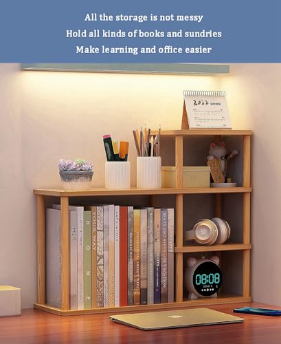 Dreamhousey Desktop-mehrschichtiges Bücherregal-Speicherregal, große Kapazität Massivholz-Speicherwand auf dem Schreibtisch, Student einfach organisierendes Rack, Büro-Speicherregal (Holzfarbe)
