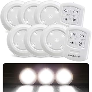 Fosmon Wireless LED Puck Light 6 Pack with Remote Control, Under Cabinet Lighting [5 Daylight White LED, Wide Floodlight Tap Style, 30-Minute Timer, Battery Operated] for Kitchen Closet Pantry Counter