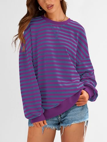 Image of PRETTYGARDEN Womens Striped Oversized Sweatshirt Color Block Crew Neck Long Sleeve Casual Loose Pullover Top Y2K Clothes