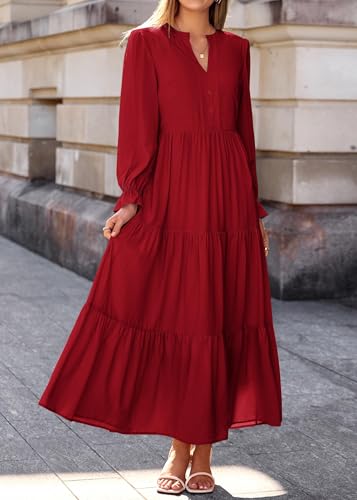 Lazysmile Long Sleeve Dress for Women Wine Red — view 6