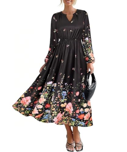 Image of TIYOMI Womens Plus Size Dresses Fall Long Sleeve Maxi Dresses V Neck Floral Spring Party Dress with Pockets XL-5XL (14W-28W)