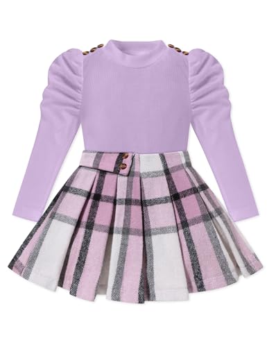 Image of Fuermos Toddler Girl Clothes Puff Sleeve Top and Pleated Girls Plaid Skirt Set 2PCS Girls Outfits Fall Winter