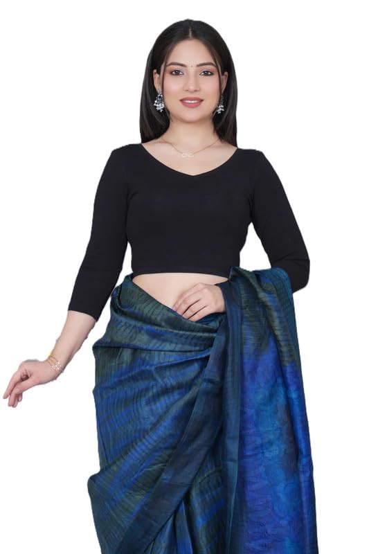 V-Neck Stretchable Saree Blouse Top for Women | Slim Fit 3/4th Sleeves Solid Cotton Blouses | Readymade Saree Blouses for Women Festive & Ethnic | Blouse Crop Top