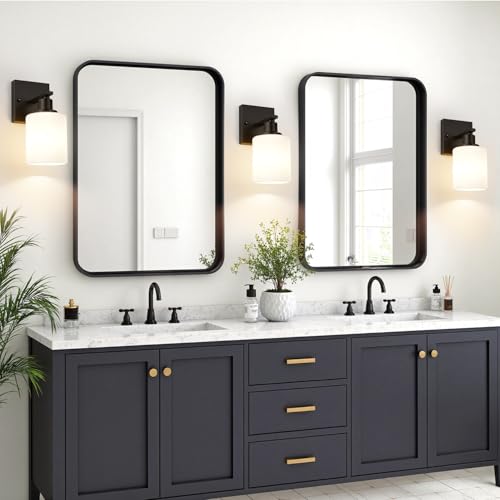 Image of MOKATNG Set of 2 Wall Sconces for Bathroom,Black Modern Vanity Lights with White Glass Shade,Bathroom Wall Lamp for Mirror Kitchen Living Room Hallway Cabinet Porch