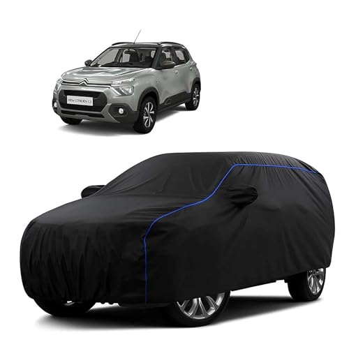 Image of Sulfar 100% Water Resistant Car Body Cover Compatible with Mirror for CITROEN C3 (Triple Stitched, Full Bottom Elastic, Black Tafetta with Blue Piping)