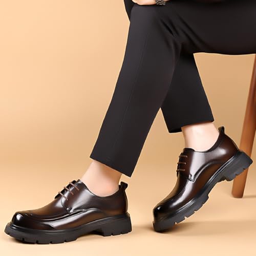 Image of Men's Genuine Leather Platform Chunky Heel Oxfords Fashion Round Toe Slip On Lug Sole Business Dress Lace-Up Penny Loafers for Party Wedding Prom Work Shoes