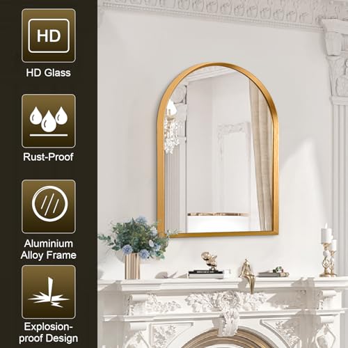 Image of Arch Bathroom Wall Mirror Gold Vanity Metal Frame Mirrors Home Decor for Bedroom, Entryway, Living Room 20 inchx16 inch