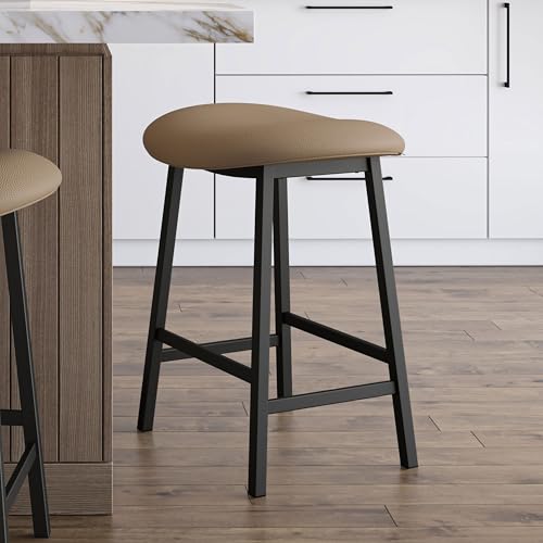 Butaco Amisco Winston de altura para barra, sin respaldo, para isla de cocina y bar — PVC marrón claro / metal negro miniatura 6