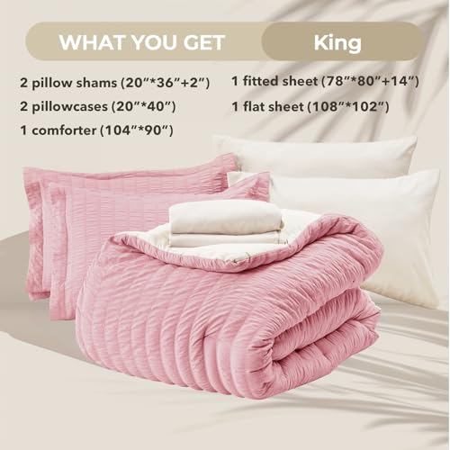 Image of HYMOKEGE Pink /Ivory King Size Comforter Set Seersucker 7 Pieces, All Season Luxury Bed in a Bag for Bedroom, Bedding Set with Comforter, Sheets, Pillowcases & Shams