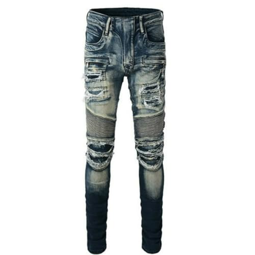 Jeans Pants Trousers Denim Men Stretch Slim Fit Street Trendy Piercing Retro Washed Blue Grinding Fading Personalized Wrinkle Casual Small Foot(Blue,33)2