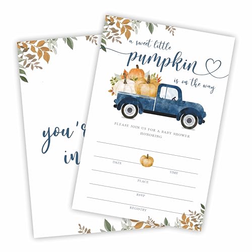 Baby Shower Invitations, A Little Pumpkin Is On The Way, Set Of 25 Blue Truck Invites With Envelopes For Baby Boys & Girls, Gender Reveal, Baby Announcement Party, Party Favor & Decorations - C05