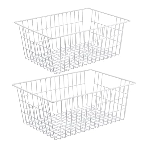 Redrubbit Wire Storage Baskets, Large Farmhouse Metal Freezer Basket Storage Organizer Bins with Handles for Kitchen Cabinets, Pantry, Closets, Bedrooms, Bathrooms, Set of 2, White Cover