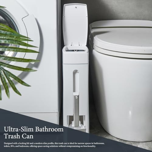 Bote de basura delgado para baño rectangular blanco con tapa de pulsar 7