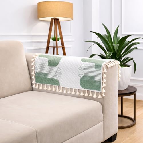Image of STITCHNEST Printed Quilted Sofa Arm Cover with Tassels | Stylish Hand Rest Protector | Soft & Durable | 18 x 22 Inches
