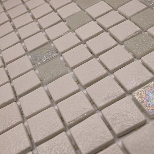AO Tiles 5 Sheets Glass Mosaic Tiles, Recycled Glass Tile, 300mm x 300mm Pool Tile, Splashback, Feature Wall, Tile for Kitchen Bathroom Shower (Kimberley Monsoon White, 0.9 Sq.m)
