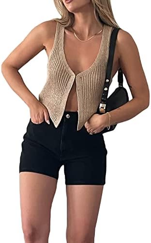 Women Summer Ribbed Crop Tank Tops Sleeveless Turtleneck Sweater Vest Teen Girls Slim Fit Crochet Knitted Camisole Streetwear (G Khaki, S)