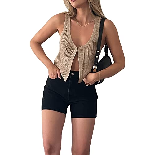 Women Summer Ribbed Crop Tank Tops Sleeveless Turtleneck Sweater Vest Teen Girls Slim Fit Crochet Knitted Camisole Streetwear (G Khaki, S) #TOP5