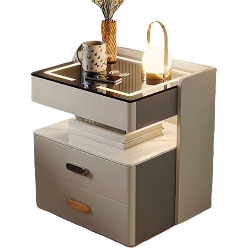 HJYBFA Mesita de Noche de Cuero y Madera de 2 Capas, Armario de Almacenamiento Multicolor con Tirador Oculto, Moderna y Elegante, Ideal para Dormitorio y Sala de Estar (Gris, Peque