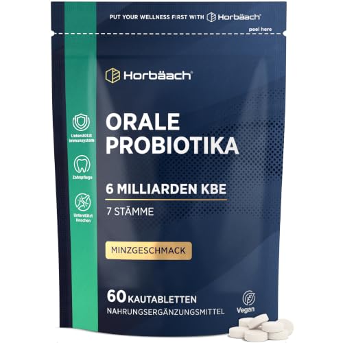 Orale Probiotika 6 Milliarde KBE | Mundflora Probiotic für Zähne und Zahnfleisch | 7 Sorten für Bio Kulturen Mundflora | 60 Oral Vegane Tabletten | Minzgeschmack | Horbaach