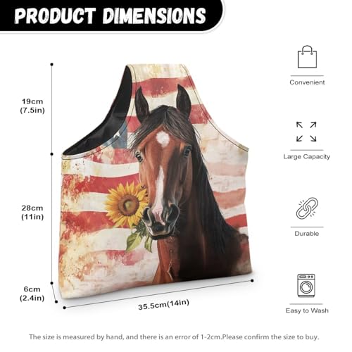 Image of ZUXONGSY American Flag Knitting Bag Organizer for America250 Horse Knitting Crochet Tote Bag July 4th 2026 Lightweight Sunflower Yarn Tote Handbags for Crocheting