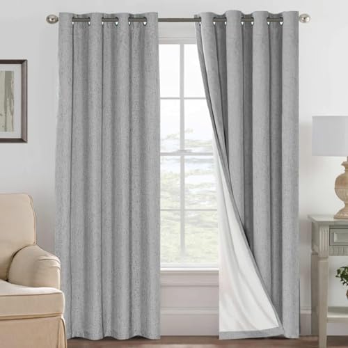 Image of H.VERSAILTEX Linen Curtains 100% Blackout Curtains for Bedroom 90 inch Long Full Light Blocking Nature Linen Blended Window Curtains for Living Room Nickel Grommet (2 Panels, Dove Gray)