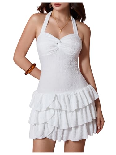 Image of SHENHE Women's Twist Front Tie Halter Neck Layered Ruffle Hem Drop Waist Y2k Mini Dress