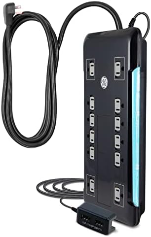 GE UltraPro 12 Outlet Surge Protector, Tethered 2 USB Ports, 8 Ft Power Cord, 4320 Joules, Flat Plug, Power Filter, Circuit Breaker, Warranty, UL Listed, Black, 11824