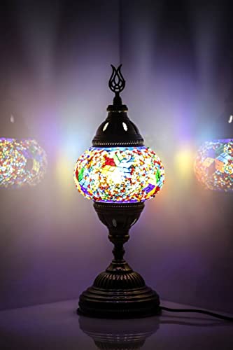 Kafthan - Turkish Handmade Mosaic Glass Table Lamp - Unique Custom Moroccan Lamp Shades - Decorative Globe Candelabra Room Decor Lantern Lamp W/Led Bulb - Bedside Night Light - Multicolor Flowers #TOP1