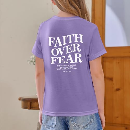 Image of Faith Over Fear Shirt Christian Jesus Tshirts for Girls Religious Inspirational Tees Bible Verse Tops for Kids 3-12