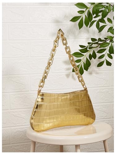 GORGLITTER Women's Metallic Shoulder Bag Crocodile Embossed Clutch Purse Chain Zipper Closure Funky Handbag2