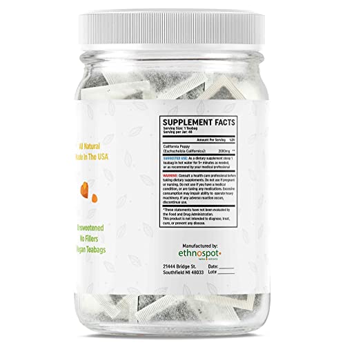 California Poppy Tea - Pure California Poppy Teabags - 100% Natural Herbal Tea For Relaxation Sleep Stress Relief & Calming Nervous System - 2 Gram Teabags - 48 Vegan Teabags #TOP5