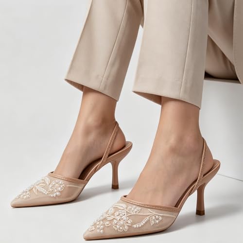 Image of Fashion Mesh Slingback Pumps Shoes for Women Ankle Strap Pointed Toe Pumps