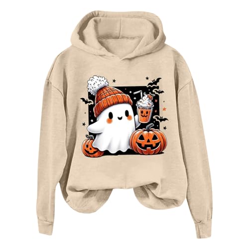 Sudadera de Halloween para mujer, talla grande, a la moda, estampado de fantasma, manga larga, cuello redondo, sudadera con capucha y cuello largo, beige, Small