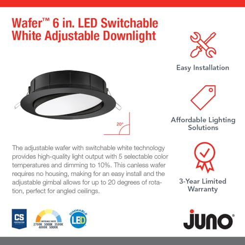 Image of Juno WF6 ADJ SWW5 90CRI MB M6 Wafer-Thin LED Downlight, Adjustable Trim, Switchable CCT 2700K, 3000K, 3500K, 4000K, and 5000K, 90+ CRI, Matte Black, 6-Inch