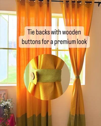 Image of RANGBHAR Handloom 100% Cotton Curtains for Door, Premium Extra Wide Curtains, 70-75% Room Darkening Cotton Curtains 5 Feet Long Set of 2 with Eyelets, (Yellow, Window-5 Feet X 5 Feet)
