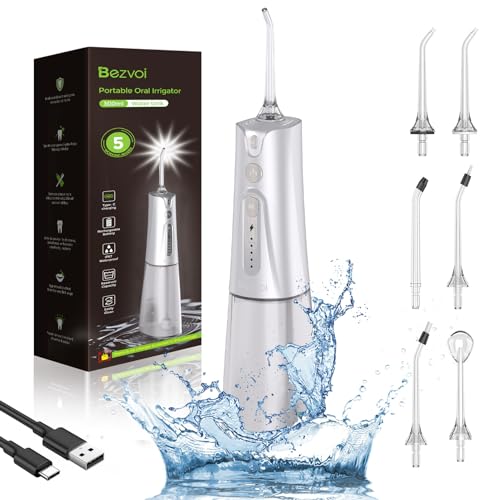 Irrigador bucal inalámbrico para limpieza de dientes con indicador LED, 5 modos, ducha de dientes con depósito de agua de 300 ml y 6 boquillas, IPX7, resistente al agua, irrigador oral, ganador de la