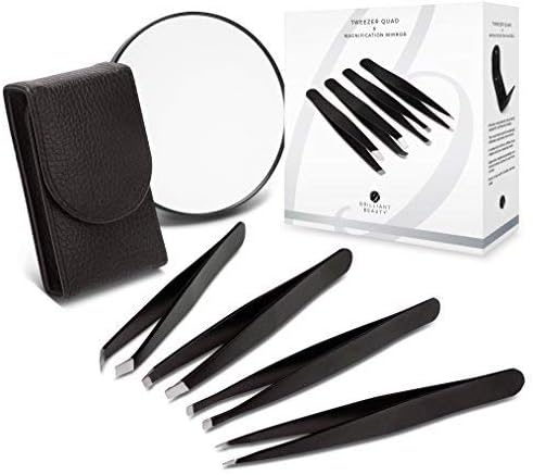 Brilliant Beauty4-Piece Professional Tweezer Set with Case & Mirror by Precision Tweezers Kit Slant, Pointed, Curved & Flat Tips for Eyebrow, Ingrown Hair, Splinter Removal, Black, 1 Count