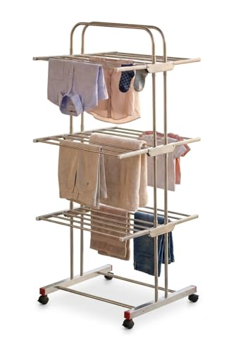 Image of SR Heavy Duty 304 Stainless Steel Foldable Cloth Dryer Stand | 3 Layer Movable Clothes Drying Rack for Indoor & Outdoor | Foldable Laundry Drying Rack | Cloth Stand for Balcony (Steel Mirror)