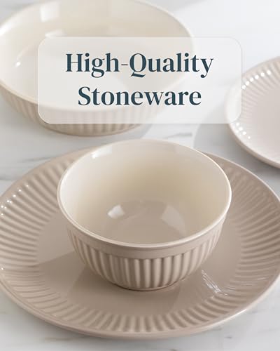 Image of Stoneware Dinnerware Set for 4 People HYGGE 12-Piece - Elegant Scandi Design - Premium Dish Set - Bowl and Plate Set - Tableware for 4 People in a Ribbed Design - Pure Living in Light Brown