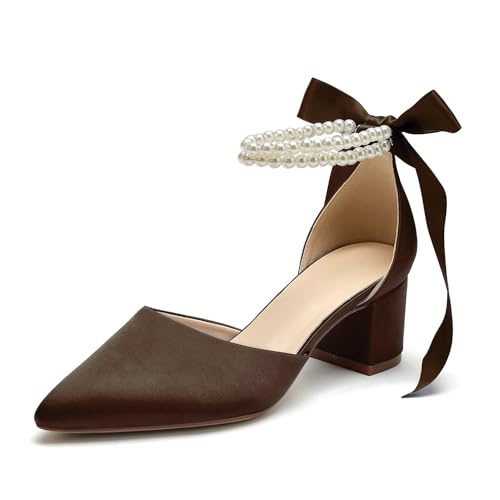Women's Closed Toe Wedding Shoes Chunky Block Heels with Pearls Satin Pumps Ankle Strap Prom Evening Party Shoes