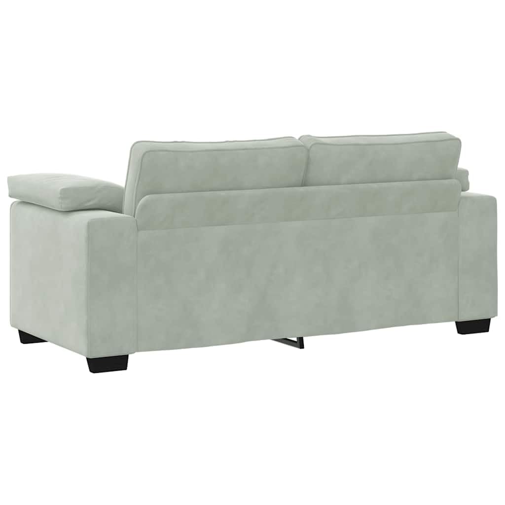 Jasnoszara aksamitna sofa 2-osobowa z podłokietnikami – nowoczesna kanapa do salonu, biura, apartamentu – stylowa i wygodna konstrukcja 140 cm z dekoracją stołu i kaktusa