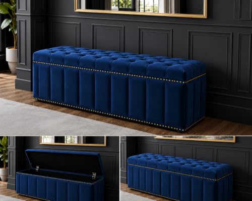 Image of Tufted Velvet Storage Ottoman Bench with Nailhead Trim (Blue) | Storage Ottoman bench